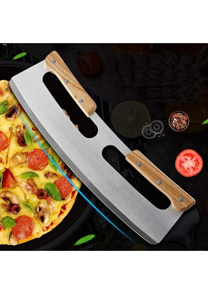 B Tarzı Pizza Kesici, Ahşap Saplı ve Plastik Kapaklı Paslanmaz Çelik Rocker Bıçağı - Pasta Pizza Yapımı Için Aksesuarları Yükseltme Doğrayıcı (Yurt Dışından) fırsatları