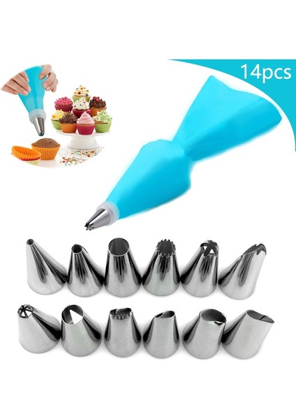 E14-14PCS-MAVI Tarzı Silikon Pasta Torbası G Nozullar Dondurma Kremalı Kek Dekorasyon Araçları Pasta Çantaları + 24 Nozul Seti Yeniden Kullanılabilir Ipuçları Mutfak (Yurt Dışından)