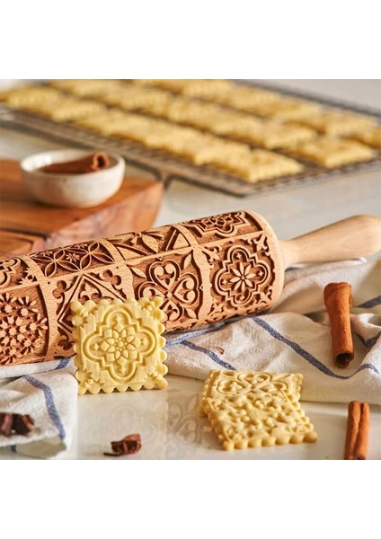 G- Kaju Çiçekleri Stili Noel Yuvarlanan Kaya Kar Tanesi Elk Ahşap Yuvarlanan Kabartma Pişirme Kurabiye Bisküvi Fondan Kek Desenli Rulo 35*5cm (Yurt Dışından)