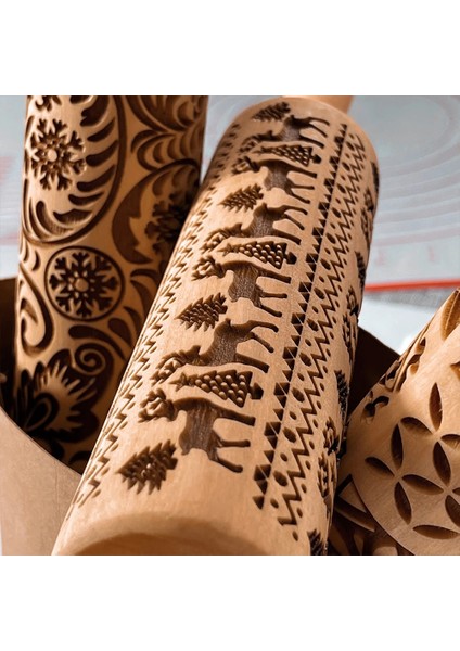 G- Kaju Çiçekleri Stili Noel Yuvarlanan Kaya Kar Tanesi Elk Ahşap Yuvarlanan Kabartma Pişirme Kurabiye Bisküvi Fondan Kek Desenli Rulo 35*5cm (Yurt Dışından)