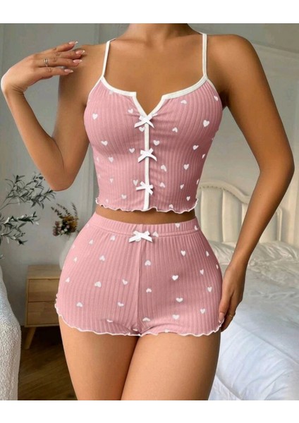 Kadın Pembe Kalpli Askılı Şortlu Pijama Takım