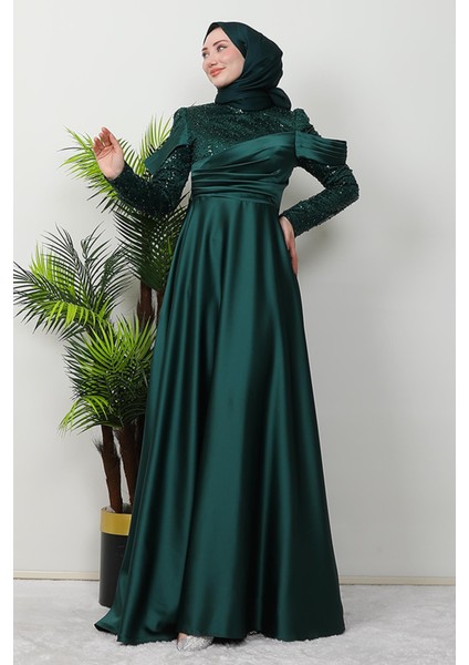 Kolu Drapeli Pullu Abiye Zümrüt