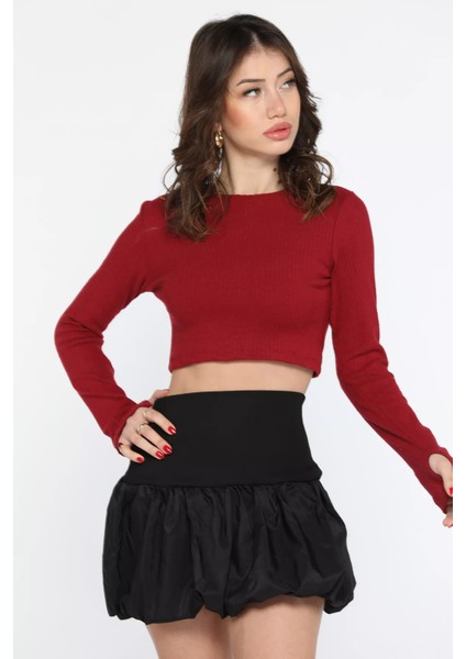 Kadın Bisiklet Yaka Kolu Pencereli Kaşkorse Crop Top Bluz