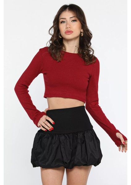 Kadın Bisiklet Yaka Kolu Pencereli Kaşkorse Crop Top Bluz