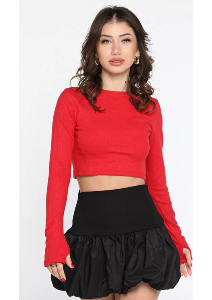 Kadın Bisiklet Yaka Kolu Pencereli Kaşkorse Crop Top Bluz