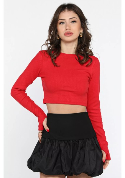 Kadın Bisiklet Yaka Kolu Pencereli Kaşkorse Crop Top Bluz