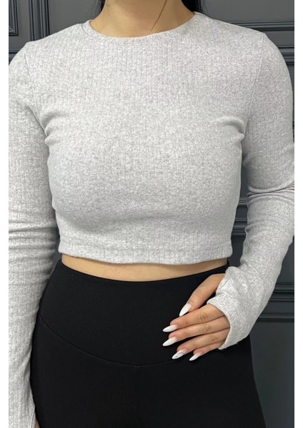 Kadın Bisiklet Yaka Kolu Pencereli Kaşkorse Crop Top Bluz