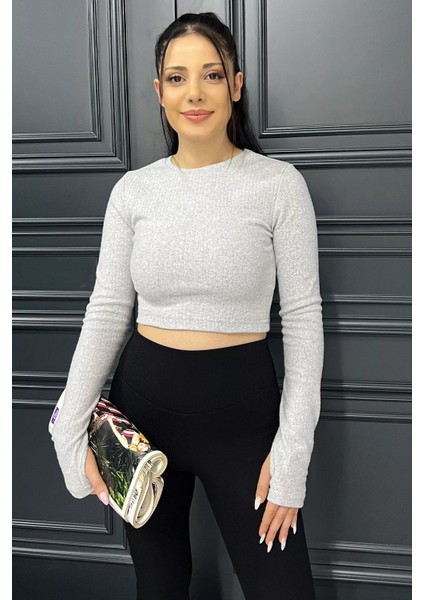 Kadın Bisiklet Yaka Kolu Pencereli Kaşkorse Crop Top Bluz