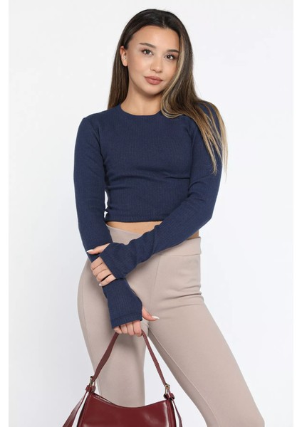 Kadın Bisiklet Yaka Kolu Pencereli Kaşkorse Crop Top Bluz