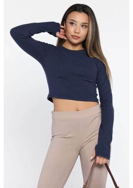 Kadın Bisiklet Yaka Kolu Pencereli Kaşkorse Crop Top Bluz