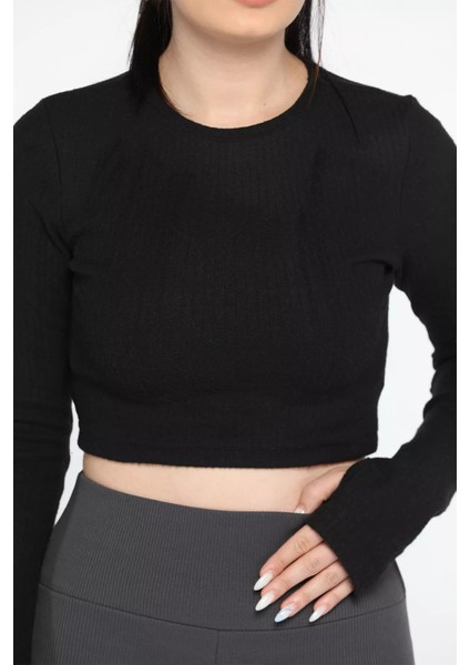 Kadın Bisiklet Yaka Kolu Pencereli Kaşkorse Crop Top Bluz