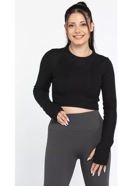 Kadın Bisiklet Yaka Kolu Pencereli Kaşkorse Crop Top Bluz