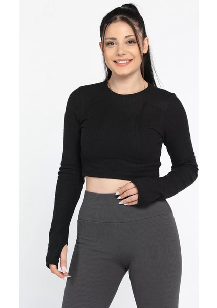 Kadın Bisiklet Yaka Kolu Pencereli Kaşkorse Crop Top Bluz