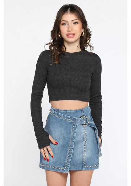 Kadın Bisiklet Yaka Kolu Pencereli Kaşkorse Crop Top Bluz