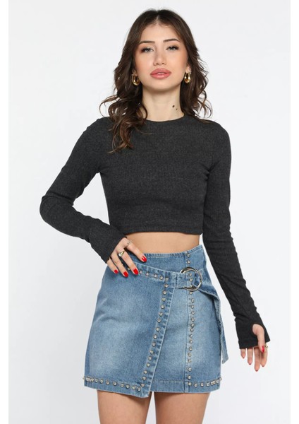 Kadın Bisiklet Yaka Kolu Pencereli Kaşkorse Crop Top Bluz