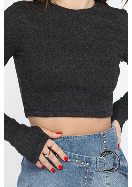 Kadın Bisiklet Yaka Kolu Pencereli Kaşkorse Crop Top Bluz