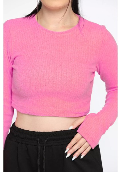 Kadın Bisiklet Yaka Kolu Pencereli Kaşkorse Crop Top Bluz