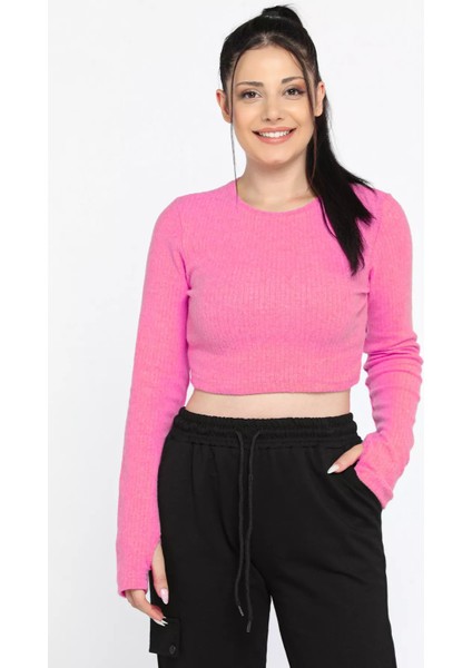 Kadın Bisiklet Yaka Kolu Pencereli Kaşkorse Crop Top Bluz