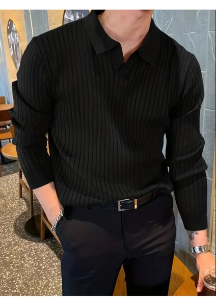 Siyah Erkek Polo Yaka Fitilli Triko Kazak