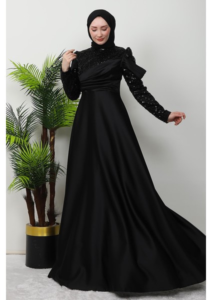 Kolu Drapeli Pullu Abiye Siyah fiyatları