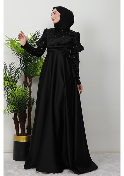 Kolu Drapeli Pullu Abiye Siyah modelleri