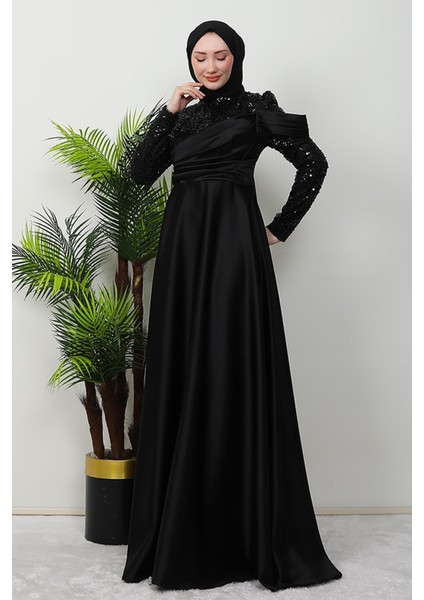 Kolu Drapeli Pullu Abiye Siyah fırsatları