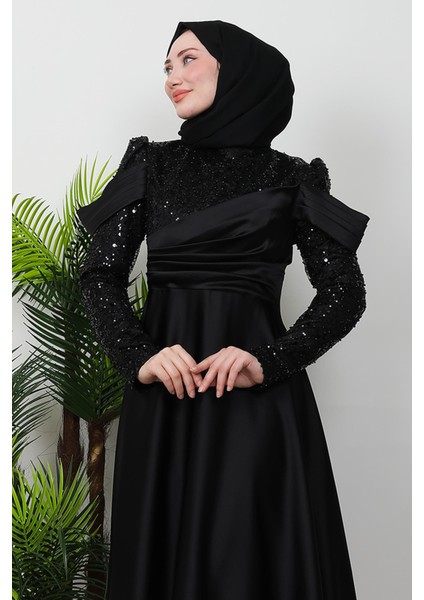 Kolu Drapeli Pullu Abiye Siyah indirimleri