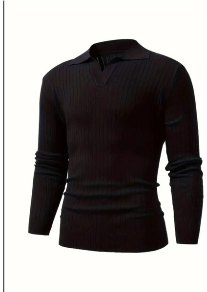 Siyah Erkek Polo Yaka Fitilli Triko Kazak