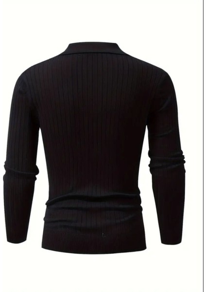 Siyah Erkek Polo Yaka Fitilli Triko Kazak