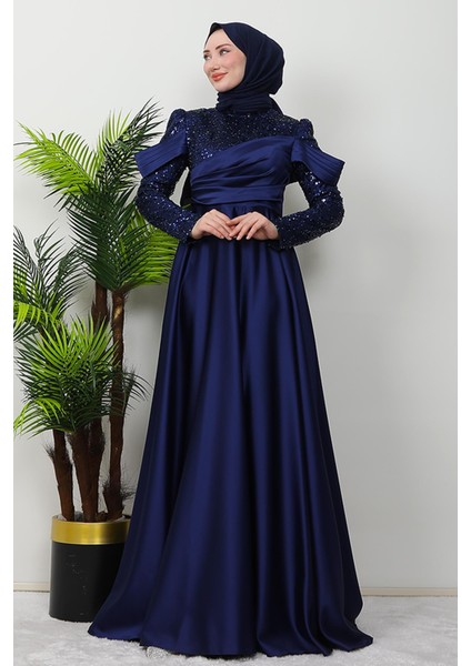 Kolu Drapeli Pullu Abiye Lacivert