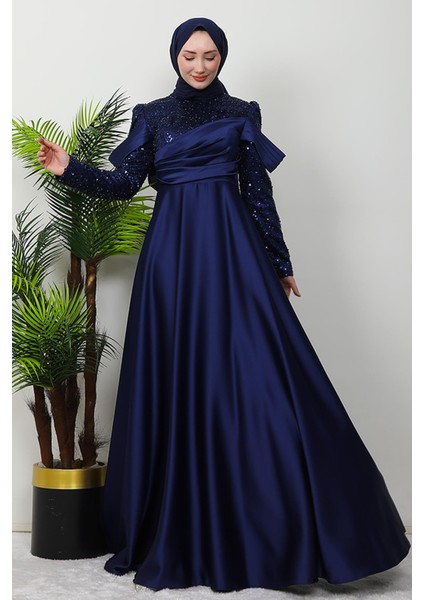 Kolu Drapeli Pullu Abiye Lacivert fiyatları