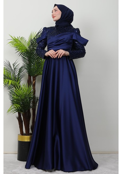 Kolu Drapeli Pullu Abiye Lacivert fırsatları