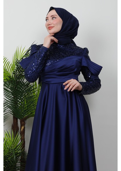 Kolu Drapeli Pullu Abiye Lacivert indirimleri