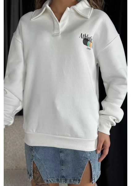 Kadın Polo Yaka Baskılı Şardonlu Sweatshirt