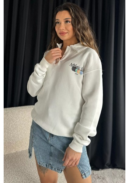 Kadın Polo Yaka Baskılı Şardonlu Sweatshirt