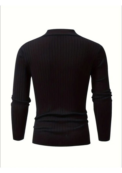 Siyah Erkek Polo Yaka Fitilli Triko Kazak modelleri