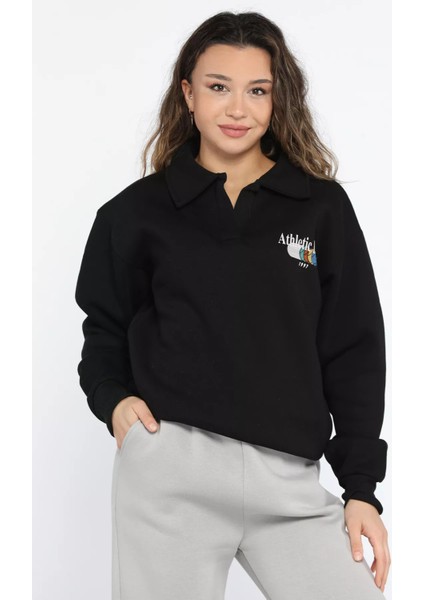 Kadın Polo Yaka Baskılı Şardonlu Sweatshirt