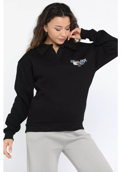 Kadın Polo Yaka Baskılı Şardonlu Sweatshirt