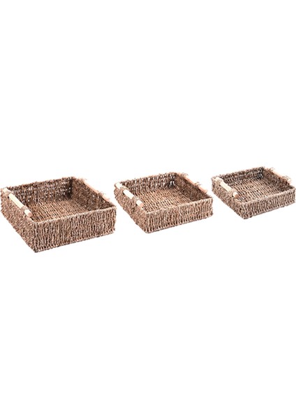Seagrass Saklama Sepetleri 3'lü Set, Ev Için Ahşap Saplı (Yurt Dışından)