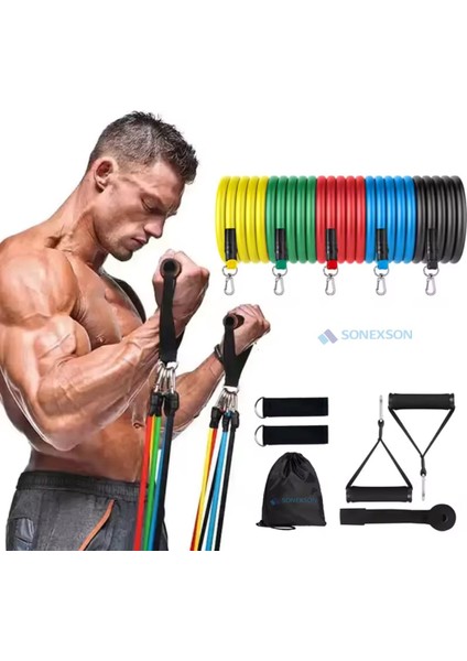 11 Parça Direnç Lastiği Seti Pilates Kondisyon Yoga Kardiyo Aerobik Fitness Egzersiz Direnç Lastik