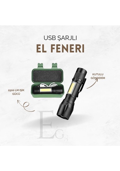 Ultra Güçlü 2500 Lumen 5W Cob LED USB Şarjlı El Feneri Avcılık,kamp Feneri Deprem Çantalık Fener