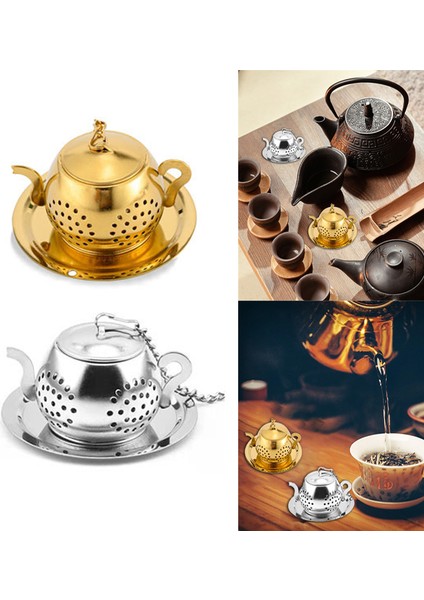 Şerit Set Stili Çay Süzgeci Çaydanlık Şekilli Gevşek Çay Demlik Paslanmaz Çelik Yaprak Çayı Filtresi Zincir Damlalık Tepsi Baharat Filtresiyle Birlikte (Yurt Dışından)