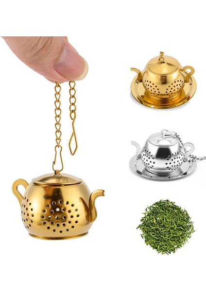 Şerit Set Stili Çay Süzgeci Çaydanlık Şekilli Gevşek Çay Demlik Paslanmaz Çelik Yaprak Çayı Filtresi Zincir Damlalık Tepsi Baharat Filtresiyle Birlikte (Yurt Dışından)