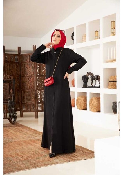 6579-DENIM Fermuarlı Ferace Siyah