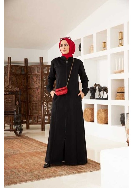 6579-DENIM Fermuarlı Ferace Siyah