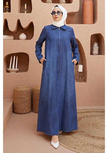 6568-DENIM Fermuarlı Ferace Koyu Mavi