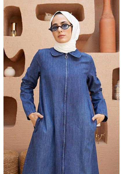 6568-DENIM Fermuarlı Ferace Koyu Mavi fiyatları