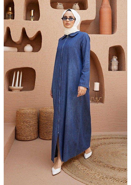 6568-DENIM Fermuarlı Ferace Koyu Mavi modelleri