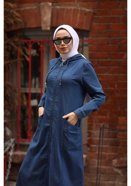 6463-DENIM Kapşonlu Tensel Ferace Koyu Mavi