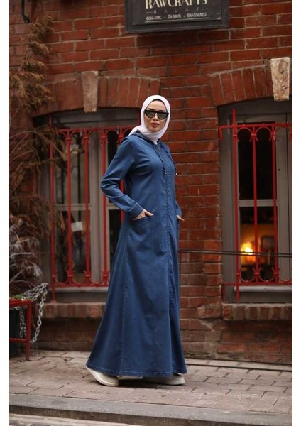 6463-DENIM Kapşonlu Tensel Ferace Koyu Mavi
